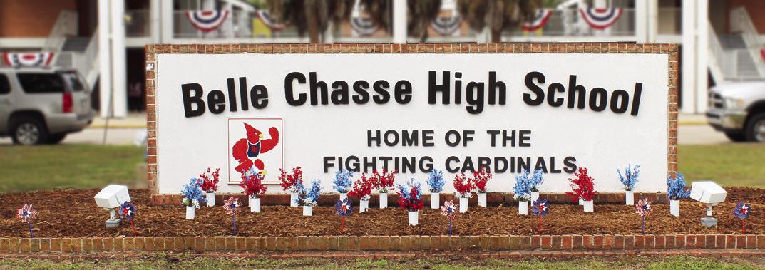 Belle Chasse High School entrance decorated for the 'Our Heros, Our Veterans' program.